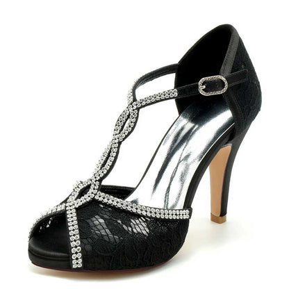 Elegant black bridal platform wedding shoes with lace and rhinestone embellishments for a stylish look