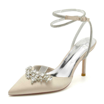 S&DCo. bridal pointed toe satin shoes with embellished ankle strap and elegant jeweled detailing