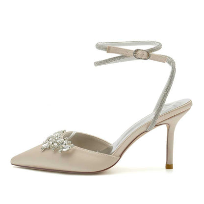 S&DCo. bridal pointed toe satin shoes with elegant embellishments and ankle strap design