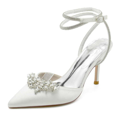 S&DCo. bridal pointed toe satin shoes with ankle strap and embellished details for elegant weddings