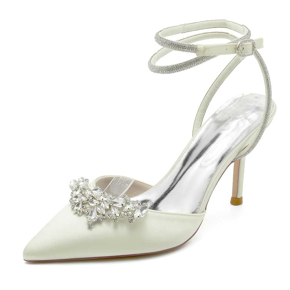 S&DCo. bridal pointed toe satin shoes with sparkling embellishments and elegant ankle strap