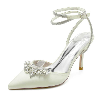 S&DCo. bridal pointed toe satin shoes with sparkling embellishments and elegant ankle strap
