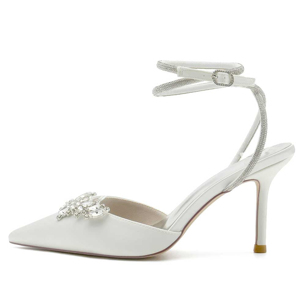 S&DCo. bridal pointed toe satin shoes with elegant embellishment and ankle strap design