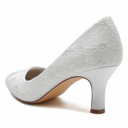 S&DCo. Closed toe bridal pumps for women in white with elegant lace detailing