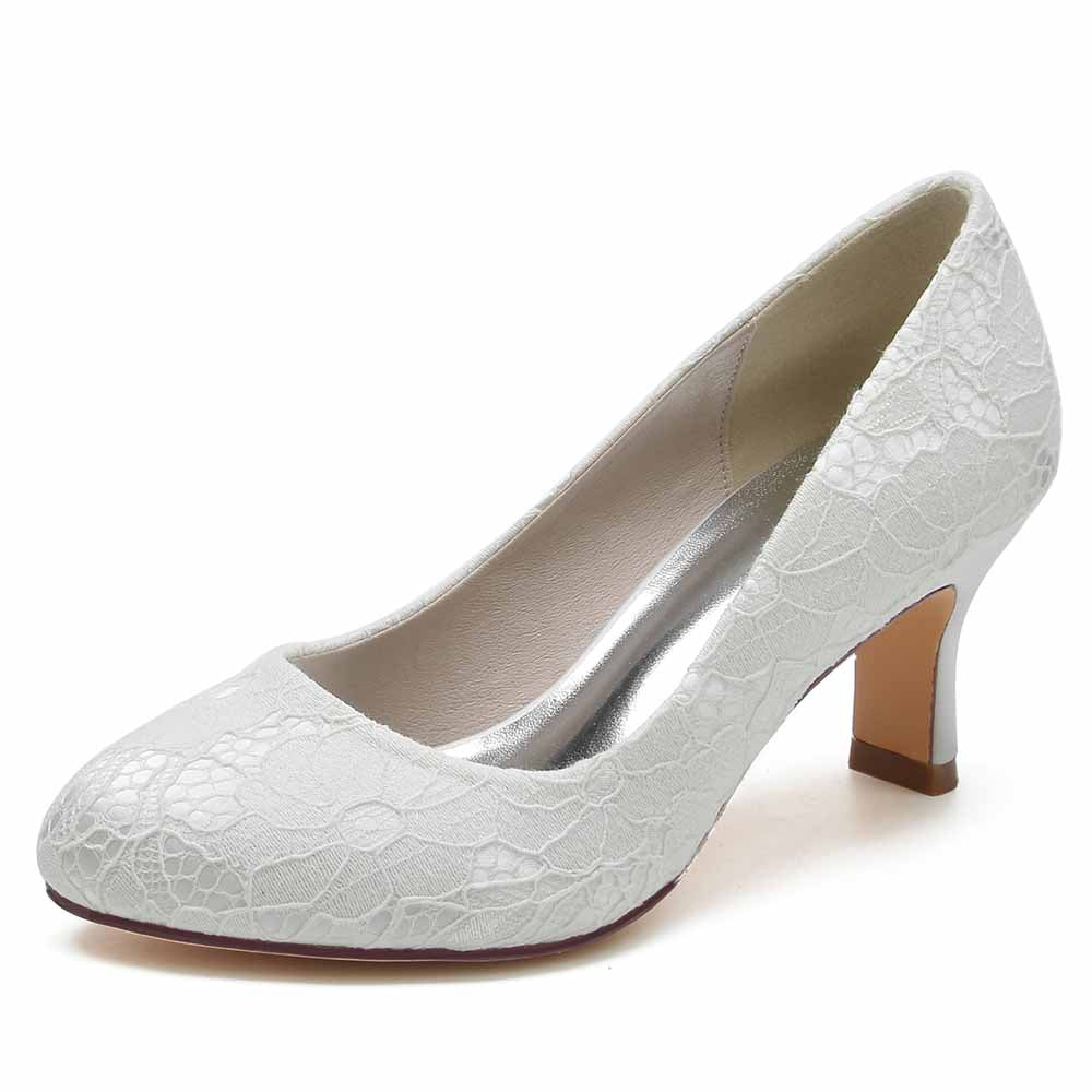 Elegant closed toe bridal pumps for women with lace design and a modest heel