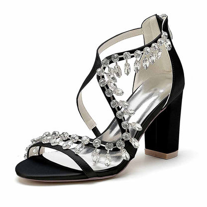 Elegant S&DCo. bridal rhinestone block heel sandals with a stylish design and sparkling embellishments