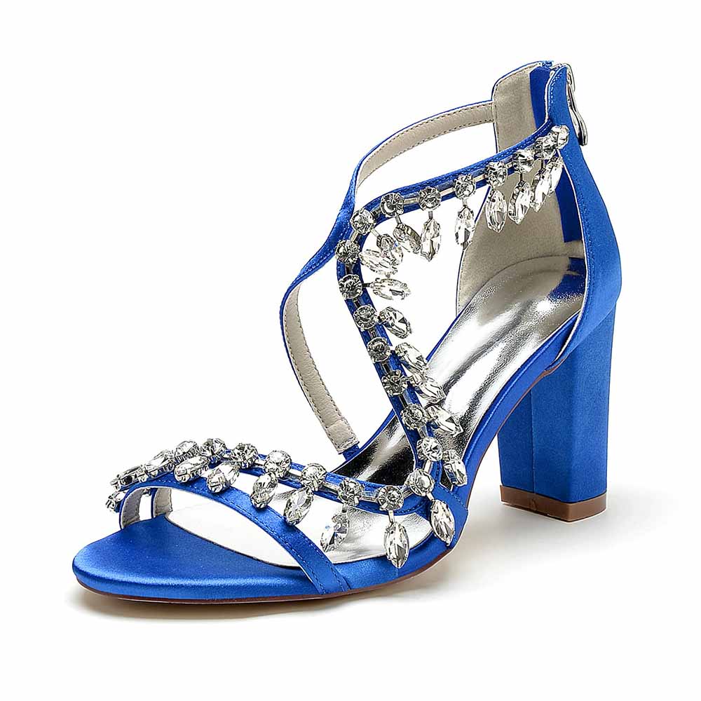 S&DCo. bridal rhinestone block heel sandals in blue with elegant embellishments for weddings