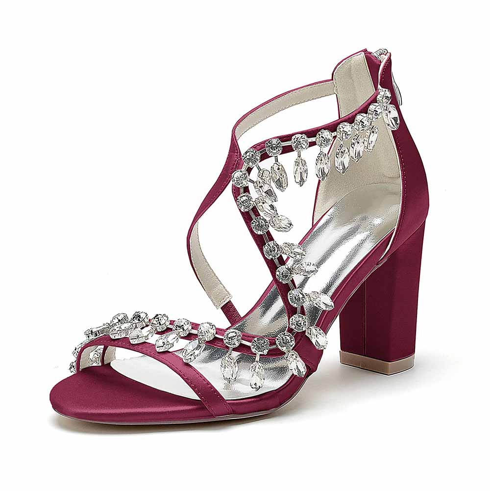 S&DCo. bridal rhinestone block heel sandals in burgundy with elegant embellishments