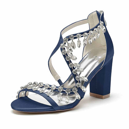 S&DCo. bridal rhinestone block heel sandals in navy blue with elegant embellishments