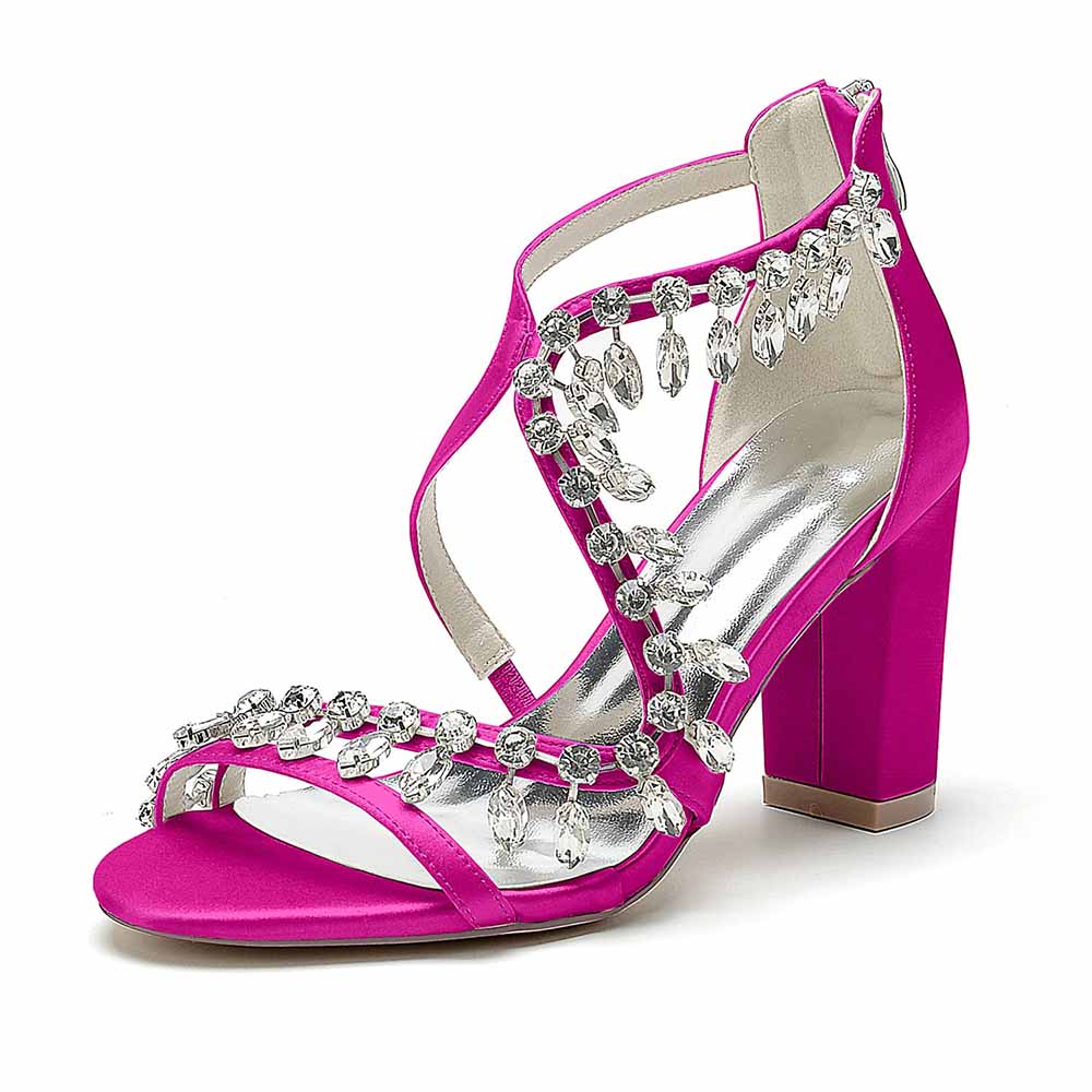 S&DCo. bridal rhinestone block heel sandals in vibrant pink with elegant embellishments