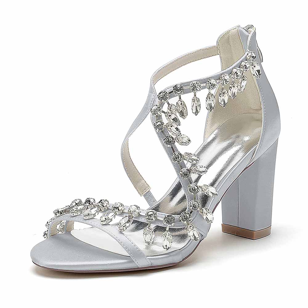 S&DCo. bridal rhinestone block heel sandals in silver with sparkling crystal embellishments