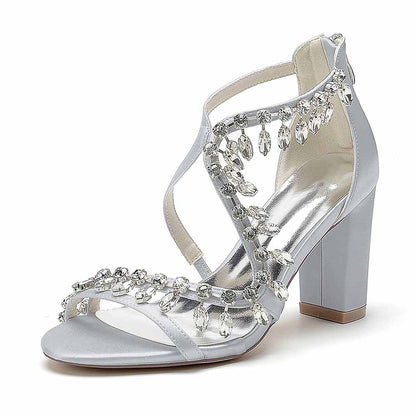 S&DCo. bridal rhinestone block heel sandals in silver with sparkling crystal embellishments