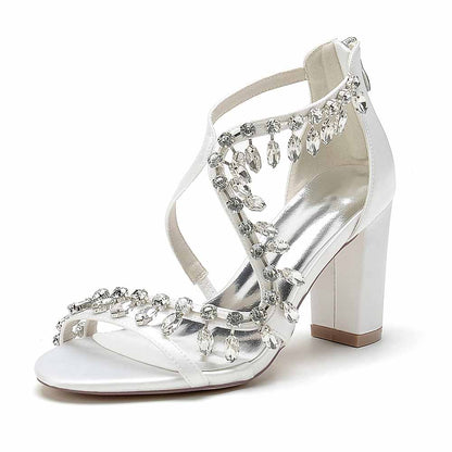 S&DCo. bridal rhinestone block heel sandals in white with elegant crystal embellishments
