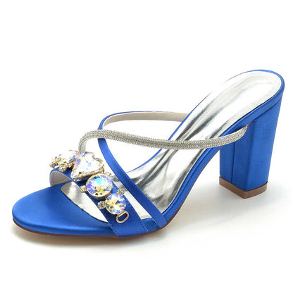 S&DCo. rhinestone bridal block heel sandals in blue with elegant satin finish and sparkling embellishments