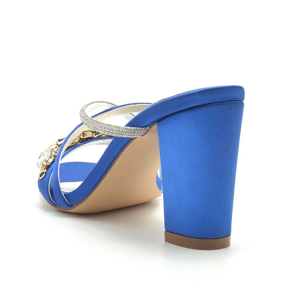 Blue S&DCo. rhinestone bridal block heel sandals with elegant design and secure ankle strap
