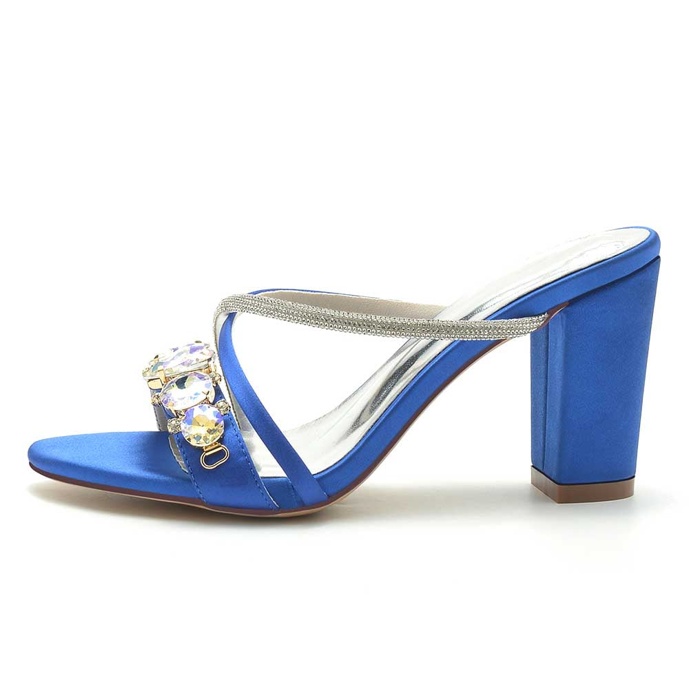 S&DCo. rhinestone bridal block heel sandals in blue with elegant embellishments and a comfortable design