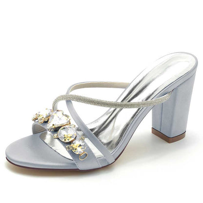 S&DCo. rhinestone bridal block heel sandals in blue with elegant embellishments for wedding occasions