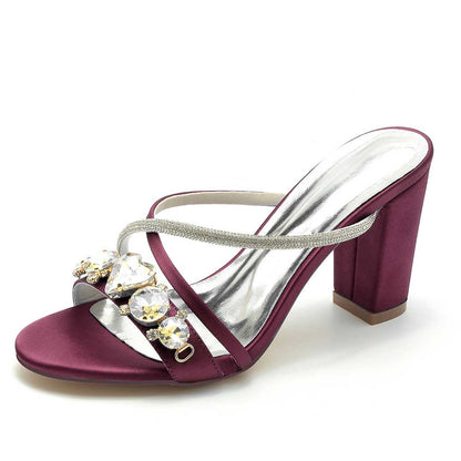 S&DCo. rhinestone bridal block heel sandals in elegant burgundy with jewel embellishments