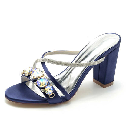 Elegant navy blue rhinestone bridal block heel sandals with shimmering accents for special occasions