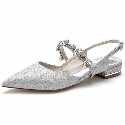 Bridal rhinestone low heel shoes with a sparkling silver finish and elegant design