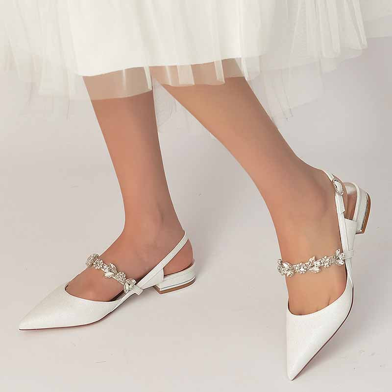 Bridal rhinestone low heel shoes in white with elegant slingback design