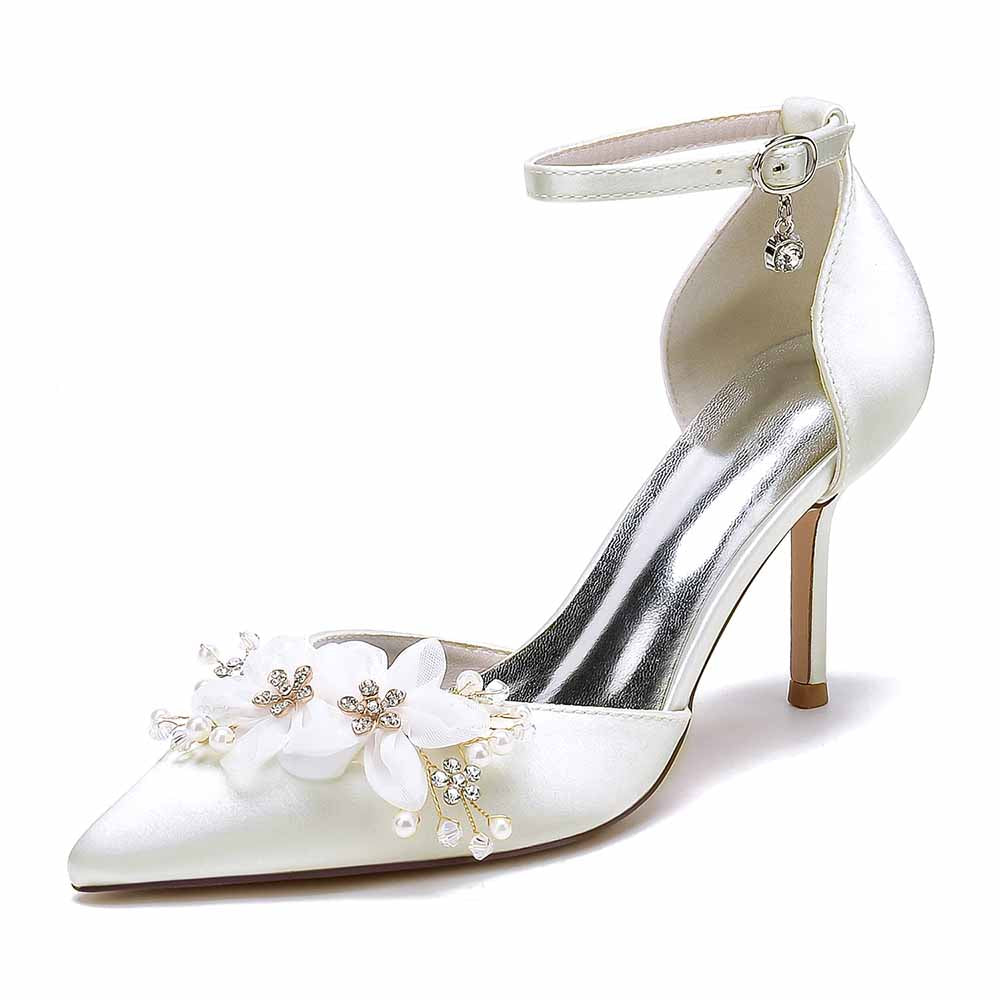 Elegant S&DCo. bridal satin ankle strap pumps with floral embellishments and pointed toe design