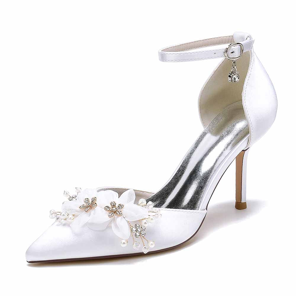 White S&DCo. bridal satin ankle strap pumps with floral embellishments and a pointed toe design