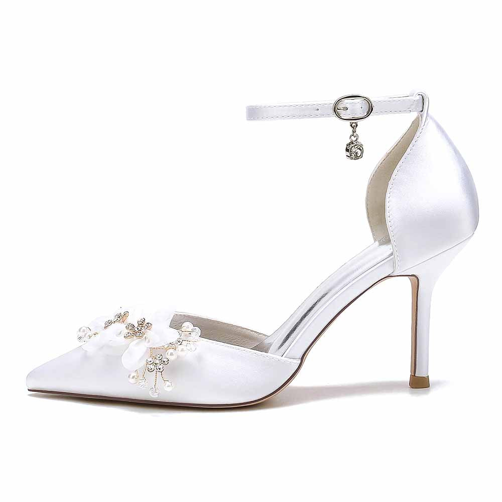S&DCo. bridal satin ankle strap pumps with elegant floral embellishments and pointed toe design