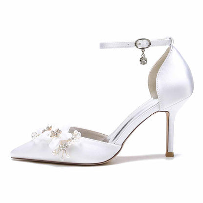S&DCo. bridal satin ankle strap pumps with elegant floral embellishments and pointed toe design