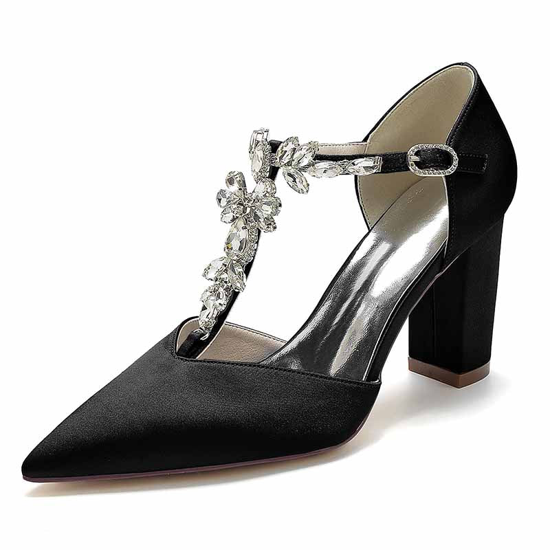 S&DCo. bridal satin chunky heel pumps with decorative crystal embellishments and stylish T-strap design