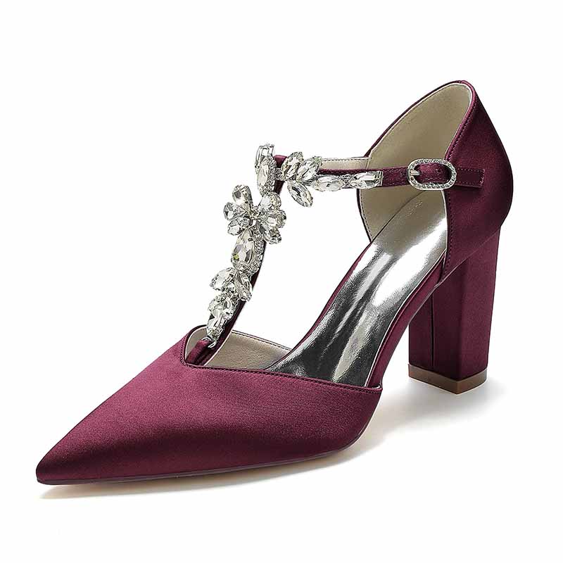 S&DCo. bridal satin chunky heel pumps in burgundy with floral embellishments for elegant occasions