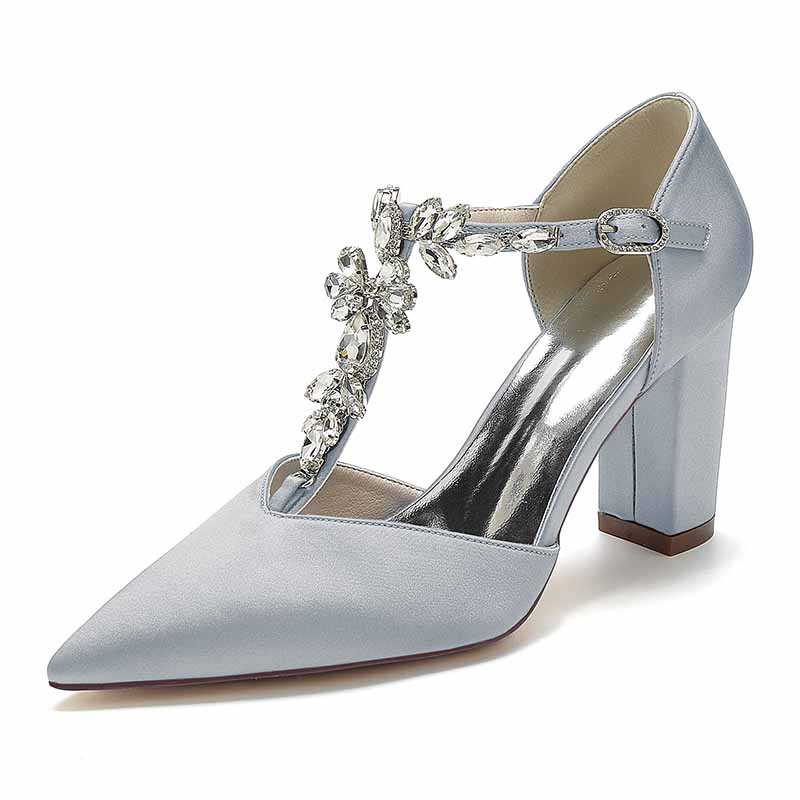 Elegant bridal satin chunky heel pumps in blue with sparkling floral embellishments
