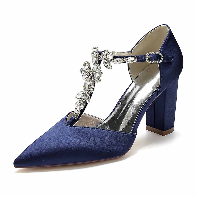 Navy S&DCo. bridal satin chunky heel pumps with decorative crystal embellishments