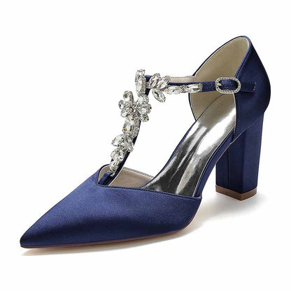 Navy S&DCo. bridal satin chunky heel pumps with decorative crystal embellishments