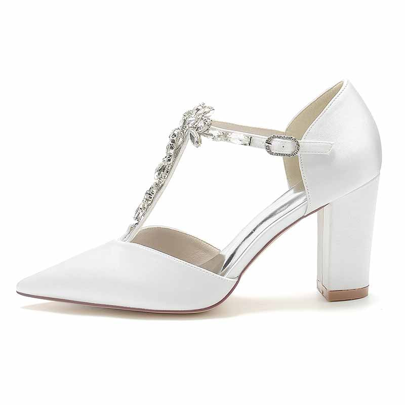 White bridal satin chunky heel pumps with decorative T-strap and elegant design for weddings