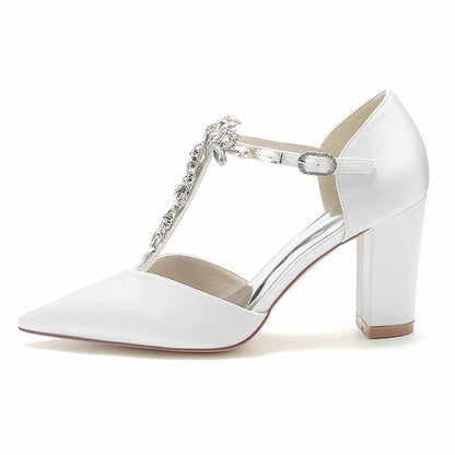 White bridal satin chunky heel pumps with decorative T-strap and elegant design for weddings