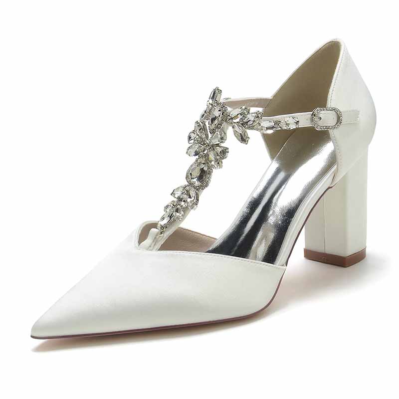 Elegant bridal satin chunky heel pumps with jeweled embellishments and a stylish pointed toe