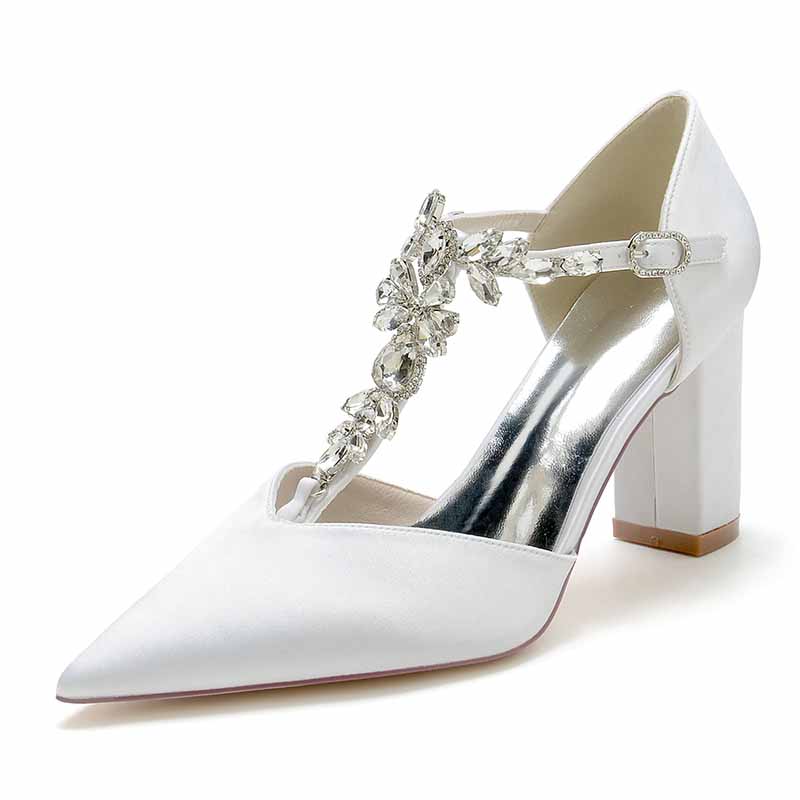 S&DCo. bridal satin chunky heel pumps with decorative embellishments for elegant occasions