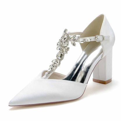 S&DCo. bridal satin chunky heel pumps with decorative embellishments for elegant occasions