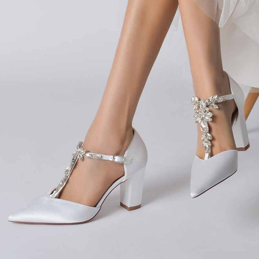 S&DCo. bridal satin chunky heel pumps with elegant floral embellishments for wedding attire