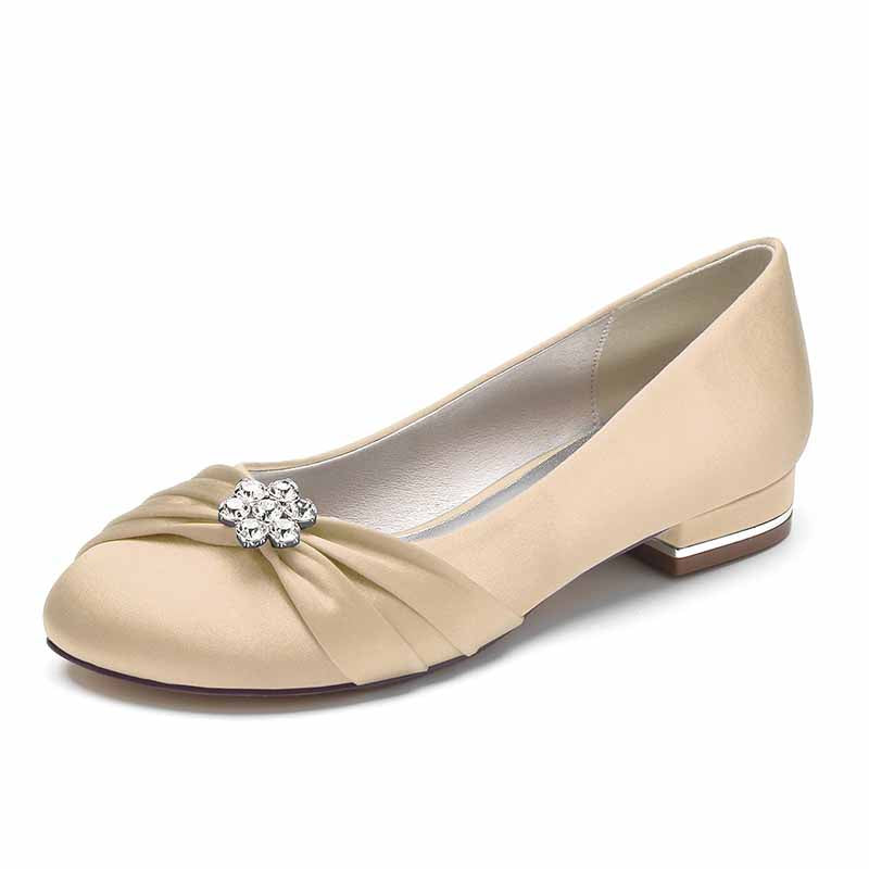 Elegant bridal satin flats for wedding with decorative rhinestone embellishment in beige