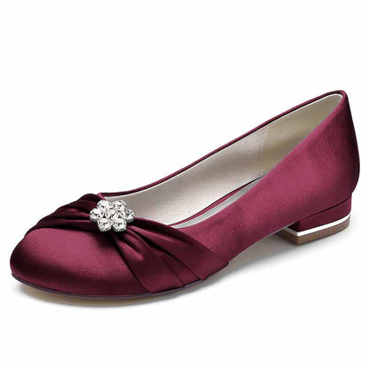 Elegant burgundy bridal satin flats for wedding featuring a jeweled embellishment and comfortable design