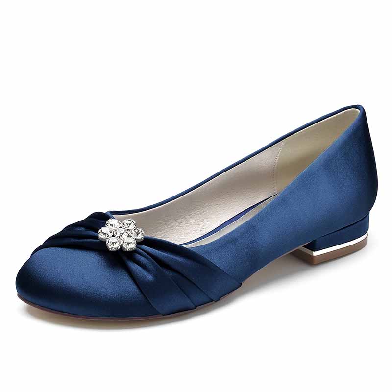 Elegant navy bridal satin flats for wedding with a decorative jewel detail and comfortable design
