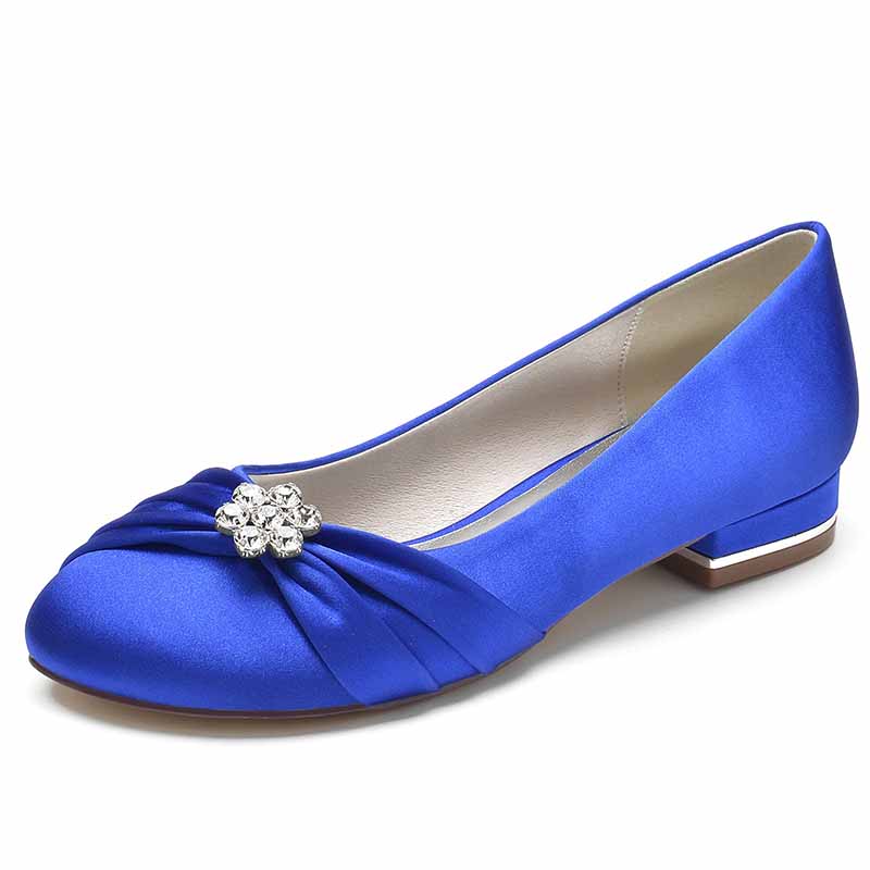 Elegant blue bridal satin flats for wedding with crystal embellishment and comfortable design