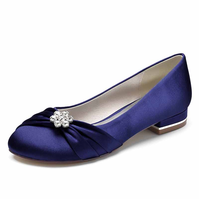 Navy blue bridal satin flats for wedding with elegant embellished bow detail