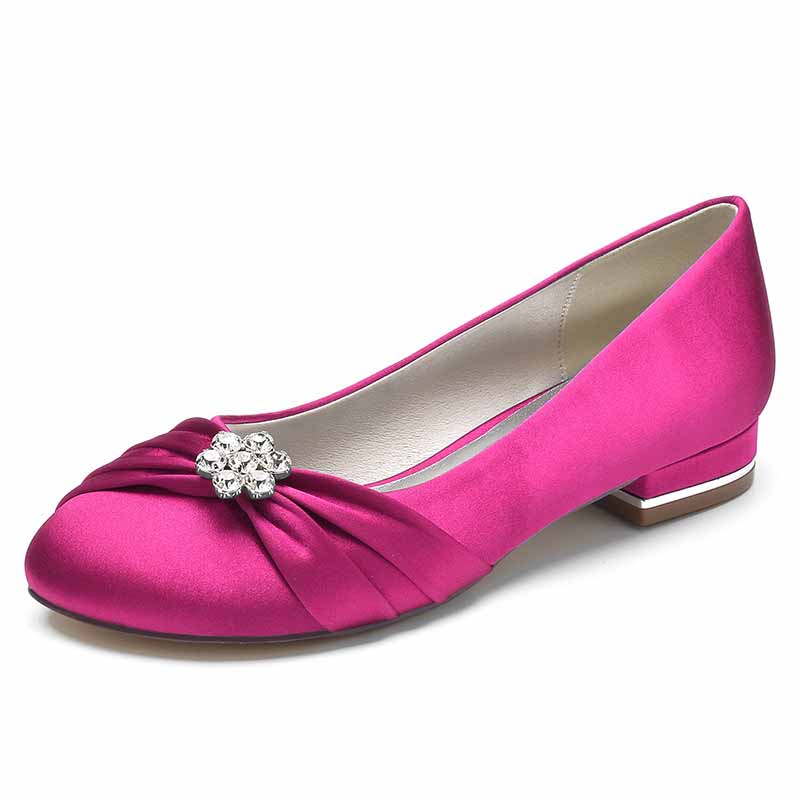 Bridal satin flats for wedding in bright pink with elegant rhinestone embellishment