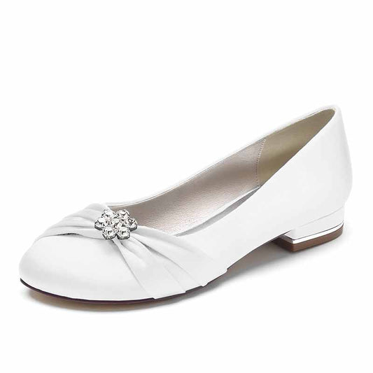 Elegant bridal satin flats for wedding featuring a jeweled embellishment and a comfortable design