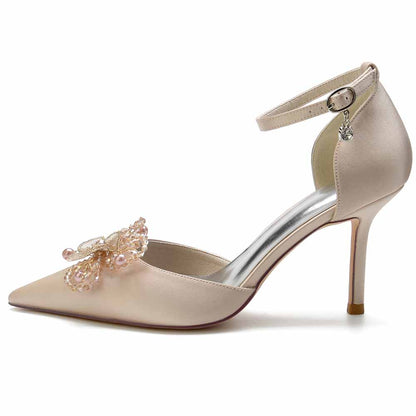 S&DCo. bridal satin point toe heels with elegant floral embellishment and ankle strap