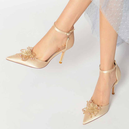 S&DCo. bridal satin point toe heels with beaded embellishment for elegant bridal style