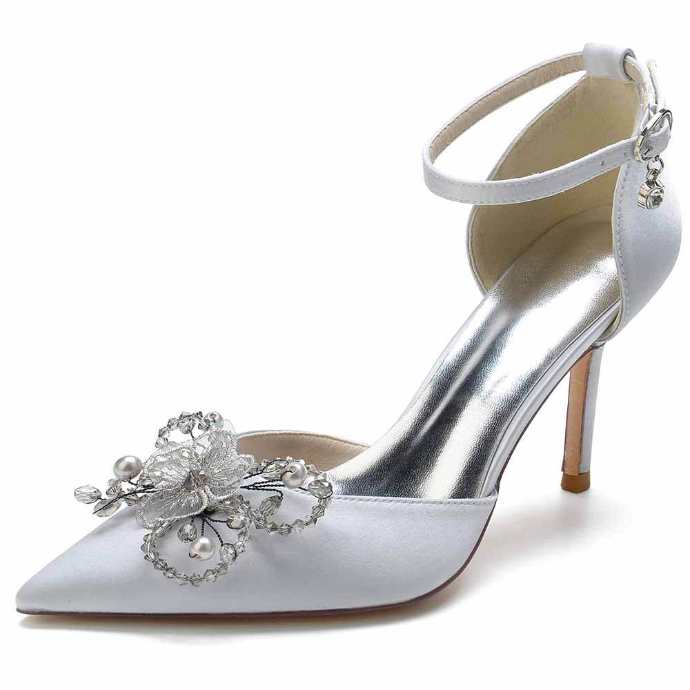 S&DCo. bridal satin point toe heels with silver floral embellishment and ankle strap